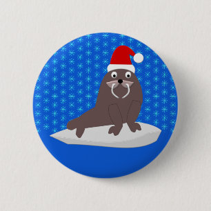 Niedlicher Weihnachtswalrus und Schneeflocken Button