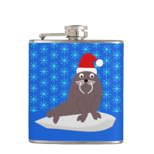 Niedlicher Weihnachtswalrus und Schneeflocken Flachmann