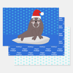Niedlicher Weihnachtswalrus und Schneeflocken Geschenkpapier Set