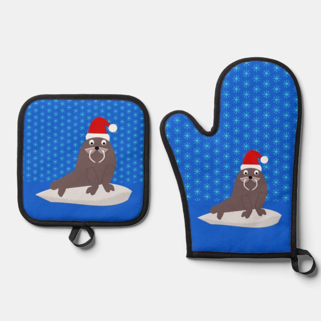 Niedlicher Weihnachtswalrus und Schneeflocken Ofenhandschuh & Topflappen-Set (Vorderseite)