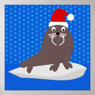 Niedlicher Weihnachtswalrus und Schneeflocken Poster