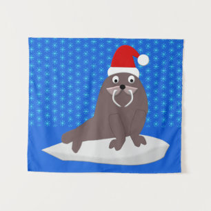 Niedlicher Weihnachtswalrus und Schneeflocken Wandteppich