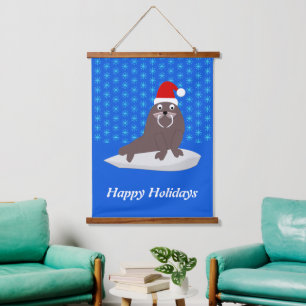Niedlicher Weihnachtswalrus und Schneeflocken Wandteppich Mit Holzrahmen