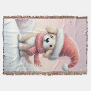 Niedlicher Weihnachtswelpen in der Weihnachtsmannm Decke