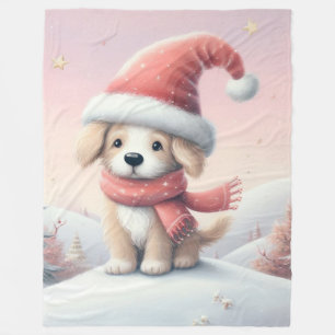 Niedlicher Weihnachtswelpen in der Weihnachtsmannm Fleecedecke