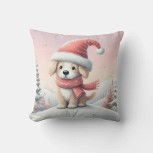 Niedlicher Weihnachtswelpen in der Weihnachtsmannm Kissen