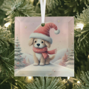 Niedlicher Weihnachtswelpen in der Weihnachtsmannm Ornament Aus Glas