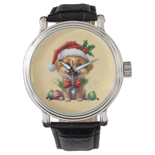 Niedlicher Weihnachtswelpen mit Weihnachtsmannmütz Armbanduhr