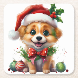 Niedlicher Weihnachtswelpen mit Weihnachtsmannmütz Rechteckiger Pappuntersetzer