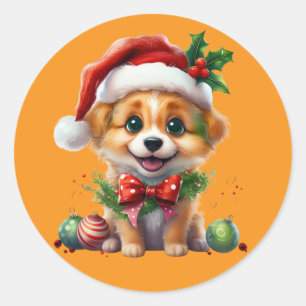 Niedlicher Weihnachtswelpen mit Weihnachtsmannmütz Runder Aufkleber