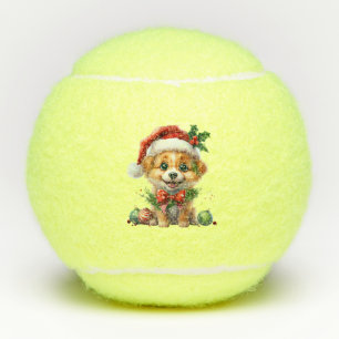 Niedlicher Weihnachtswelpen mit Weihnachtsmannmütz Tennisbälle