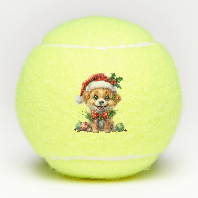 Niedlicher Weihnachtswelpen mit Weihnachtsmannmütz Tennisbälle (Vorderseite)