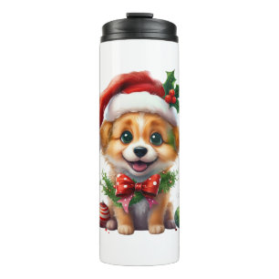 Niedlicher Weihnachtswelpen mit Weihnachtsmannmütz Thermosbecher
