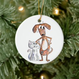Niedlicher, weißbrauner Hund und graue Katze Keramik Ornament