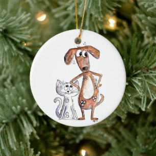 Niedlicher, weißbrauner Hund und graue Katze Keramik Ornament