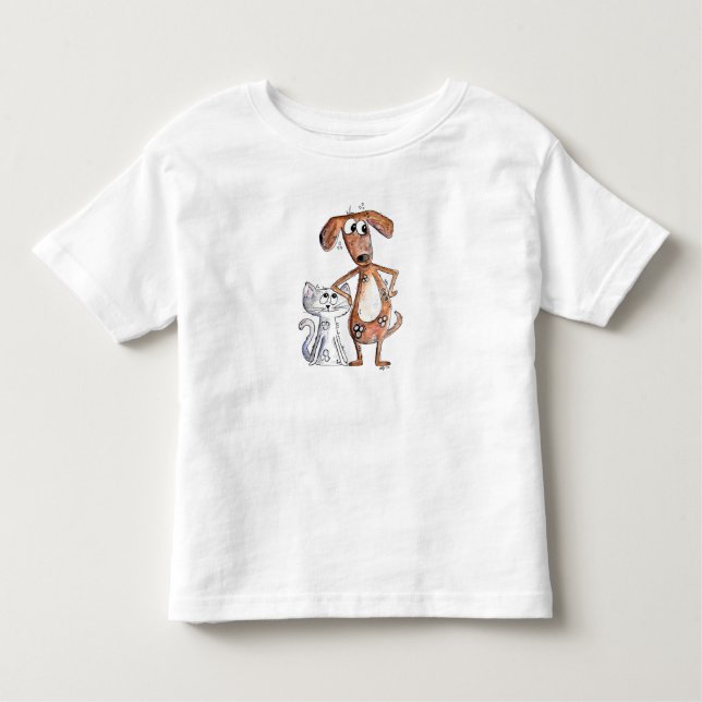Niedlicher, weißbrauner Hund und graue Katze Kleinkind T-shirt (Vorderseite)