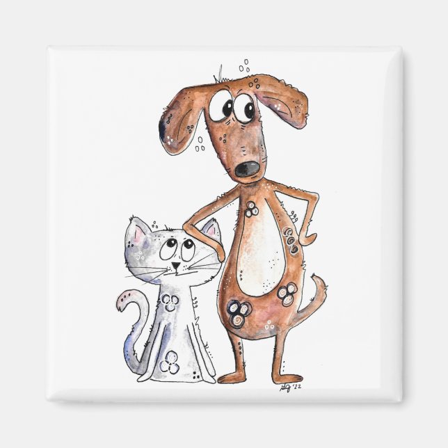 Niedlicher, weißbrauner Hund und graue Katze Magnet (Vorne)