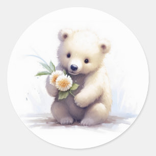 Niedlicher weißer Bär mit Blume Runder Aufkleber