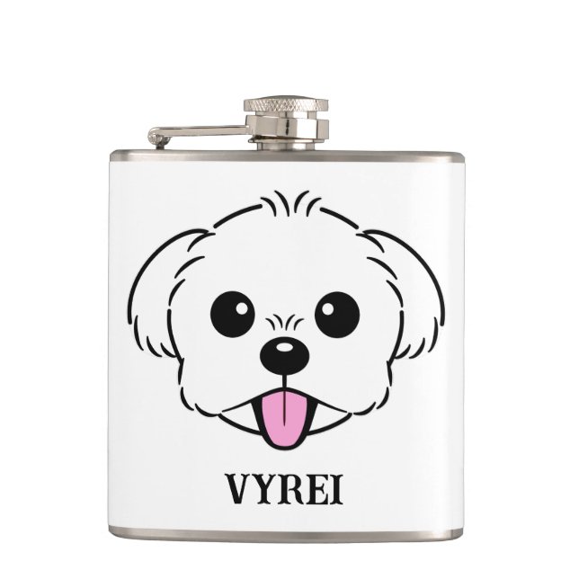 Niedlicher weißer Bichon Frise Hund klebt Zunge he Flachmann (Vorderseite)