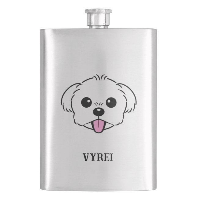 Niedlicher weißer Bichon Frise Hund klebt Zunge he Flachmann (Vorderseite)