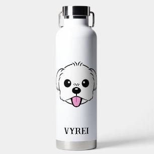 Niedlicher weißer Bichon Frise Hund klebt Zunge he Trinkflasche