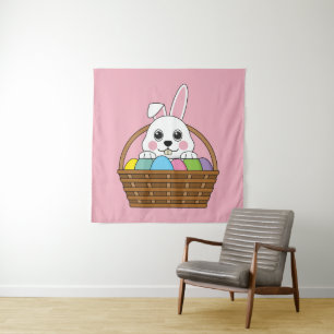 Niedlicher Weißer Bunny farbenfroher Ostern Ei Hun Wandteppich