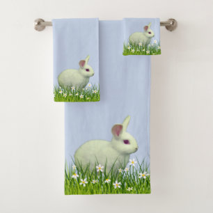 Niedlicher Weißer Hase & Blumen auf Hellblau Badhandtuch Set