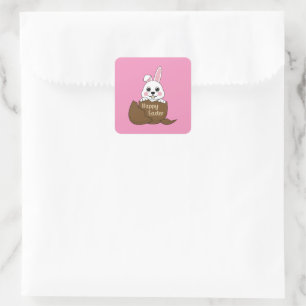 Niedlicher Weißer Hase im Schokoladeneier glücklic Quadratischer Aufkleber