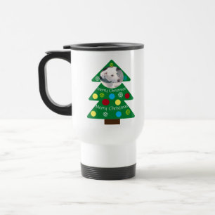 Niedlicher weißer Hund farbenfroher Weihnachtsbaum Reisebecher