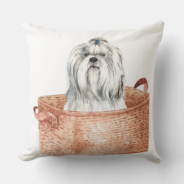 NIEDLICHER WEISSER HUND IN BROWN BASKET KISSEN (Vorderseite)