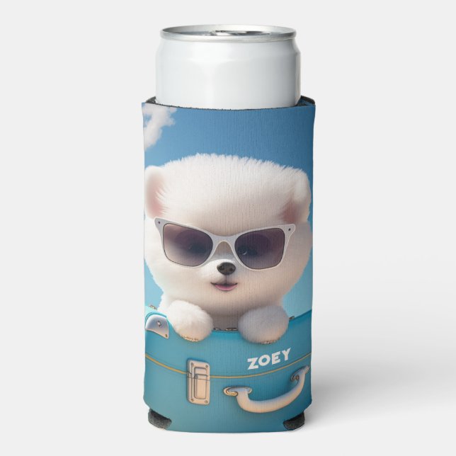 Niedlicher weißer Hund Reisekoffer Personalisierte Selters Dosenkühler (Seltzer Vorderseite)