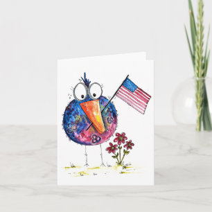 Niedlicher, weißer, patriotischer Vogel mit Fahne Karte
