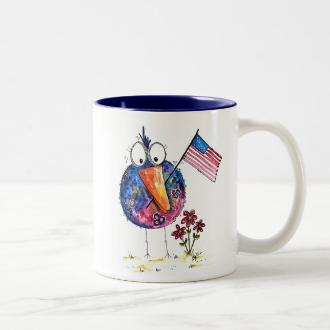 Niedlicher, weißer, patriotischer Vogel mit Fahne Zweifarbige Tasse (Rechts)