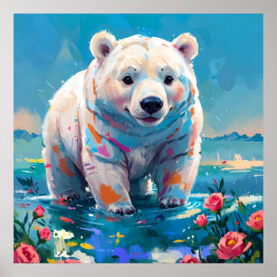 Niedlicher Weißer Polar-Bär mit Rose zum Malen Poster