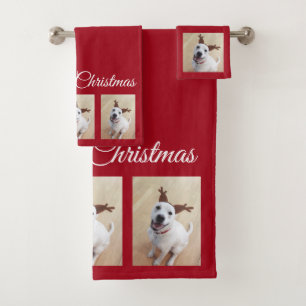 Niedlicher Weißer Rentier Welpenhund Weihnachten R Badhandtuch Set