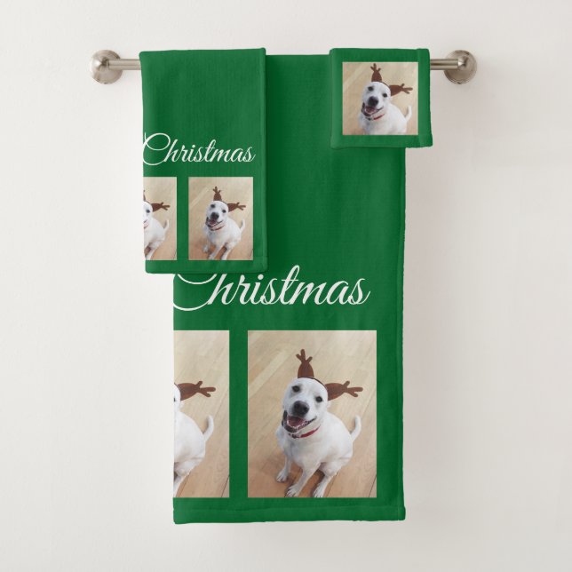 Niedlicher Weißer Rentier Welpenhund Weihnachtsgrü Badhandtuch Set (Insitu)