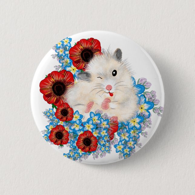 Niedlicher, weißer Riesenhamster in Blume Button (Vorderseite)