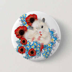 Niedlicher, weißer Riesenhamster in Blume Button