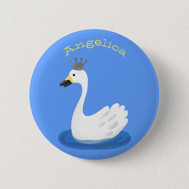 Niedlicher weißer Schwan mit KronenCartoon Button (Vorderseite)