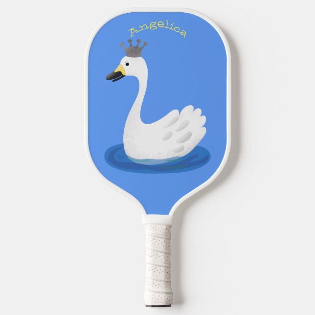 Niedlicher weißer Schwan mit KronenCartoon Pickleball Schläger (Vorderseite)