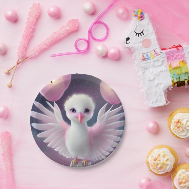 Niedlicher Weißer und rosa Baby Bird Geburtstag Pappteller (Party)