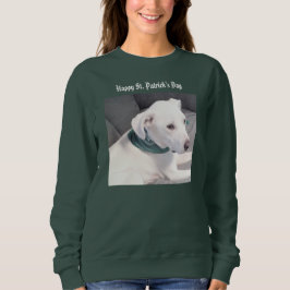 Niedlicher weißer Welpenhund mit grünem Scarf Sweatshirt