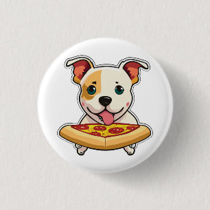 Niedlicher Welpe, der eine Pizzasur hält Button
