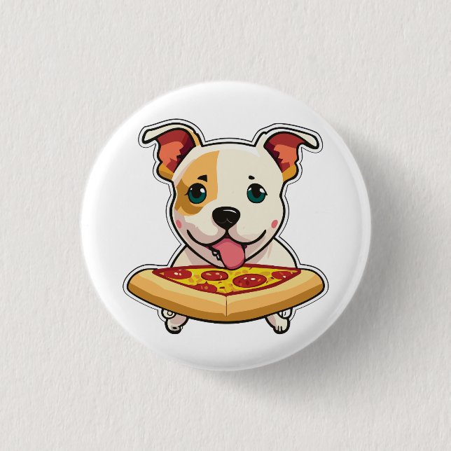 Niedlicher Welpe, der eine Pizzasur hält Button (Vorderseite)