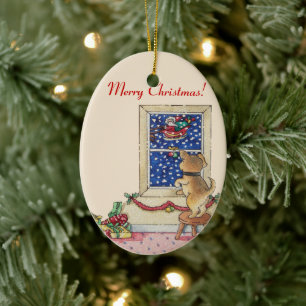 niedlicher Welpe, der im Schnee zum Santa windet Keramikornament