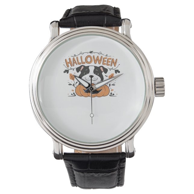 Niedlicher Welpe in Pumpkin - Halloween Hundelabbi Armbanduhr (Vorderseite)