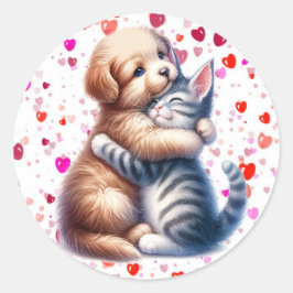 Niedlicher Welpe & Kitty Hug am Valentinstag Runder Aufkleber