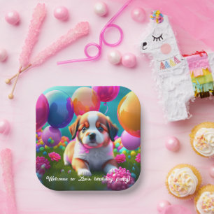 Niedlicher Welpe mit Ballons - Geburtstag Pappteller