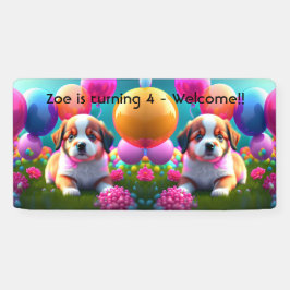 Niedlicher Welpe mit Ballons - süßer Kindergeburts Banner