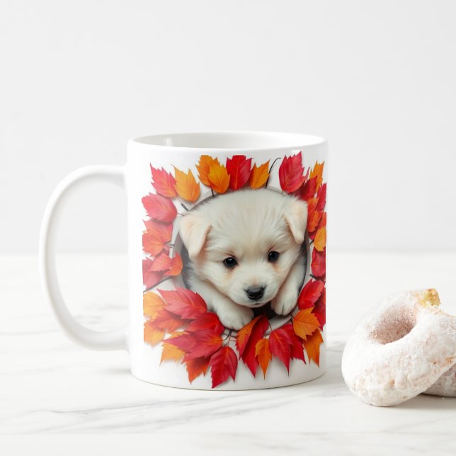 niedlicher Welpe mit Herbstblättern, Design der Ta Kaffeetasse (Mit Donut)